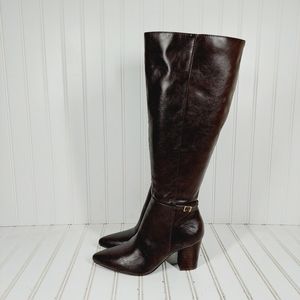 Life Stride Stratford Brown Leather Wide Calf Pointy Block Heel Boots M432